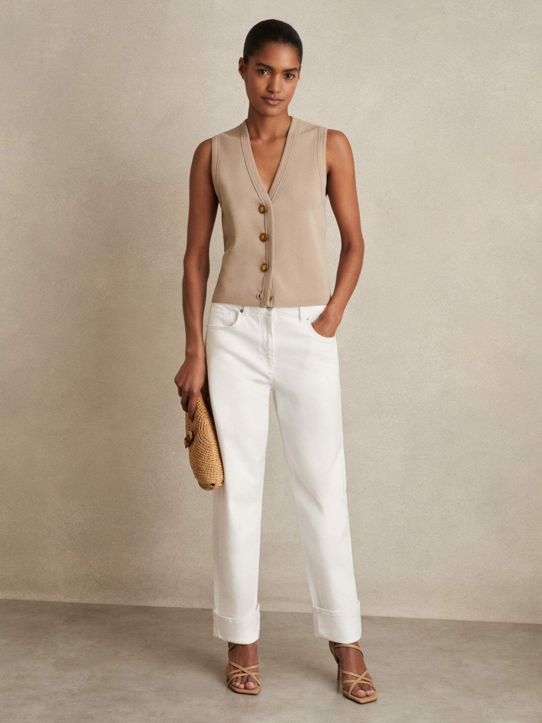 Knitted Button Through Vest in Neutral | Reiss Women Popular