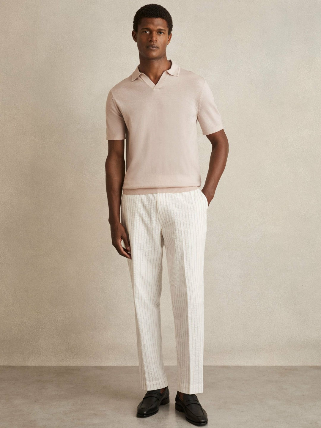 Merino Wool Open Collar Polo Shirt in Beige | Reiss Men Best Seller