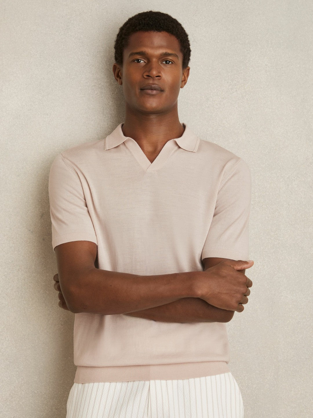 Merino Wool Open Collar Polo Shirt in Beige | Reiss Men Best Seller