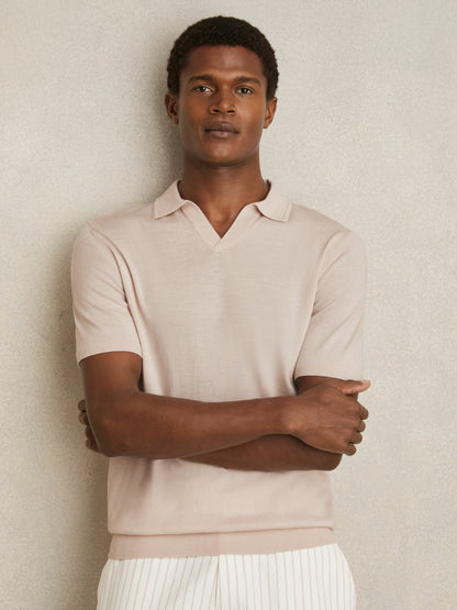 Merino Wool Open Collar Polo Shirt in Beige | Reiss Men Best Seller