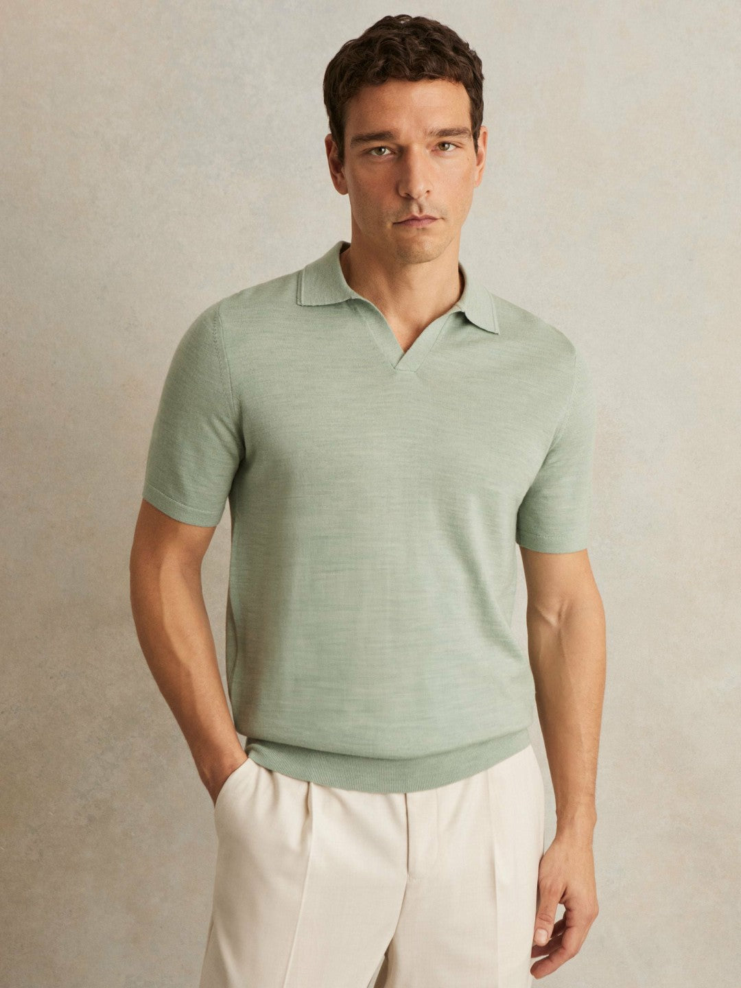 Merino Wool Open Collar Polo Shirt in Sage Green Melange | Reiss Men Trending