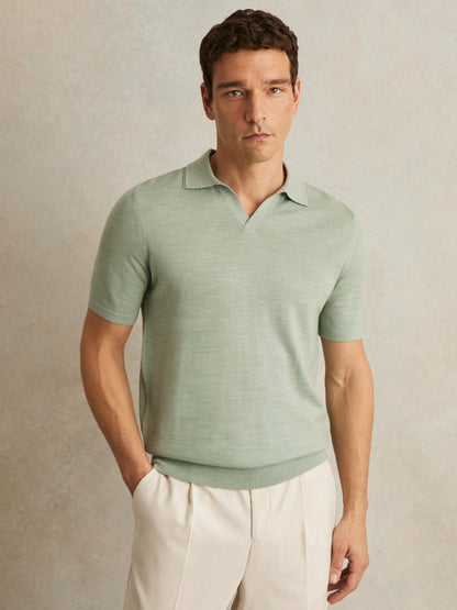 Merino Wool Open Collar Polo Shirt in Sage Green Melange | Reiss Men Trending