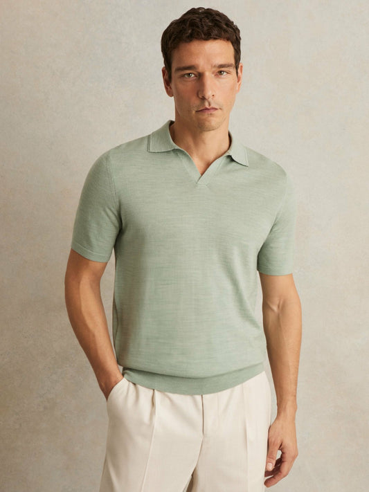 Merino Wool Open Collar Polo Shirt in Sage Green Melange | Reiss Men Trending