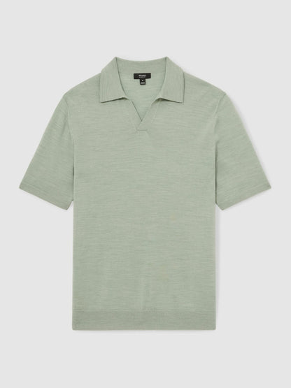 Merino Wool Open Collar Polo Shirt in Sage Green Melange | Reiss Men Trending