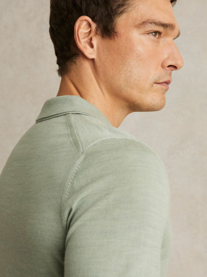 Merino Wool Open Collar Polo Shirt in Sage Green Melange | Reiss Men Trending