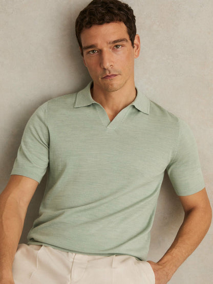 Merino Wool Open Collar Polo Shirt in Sage Green Melange | Reiss Men Trending