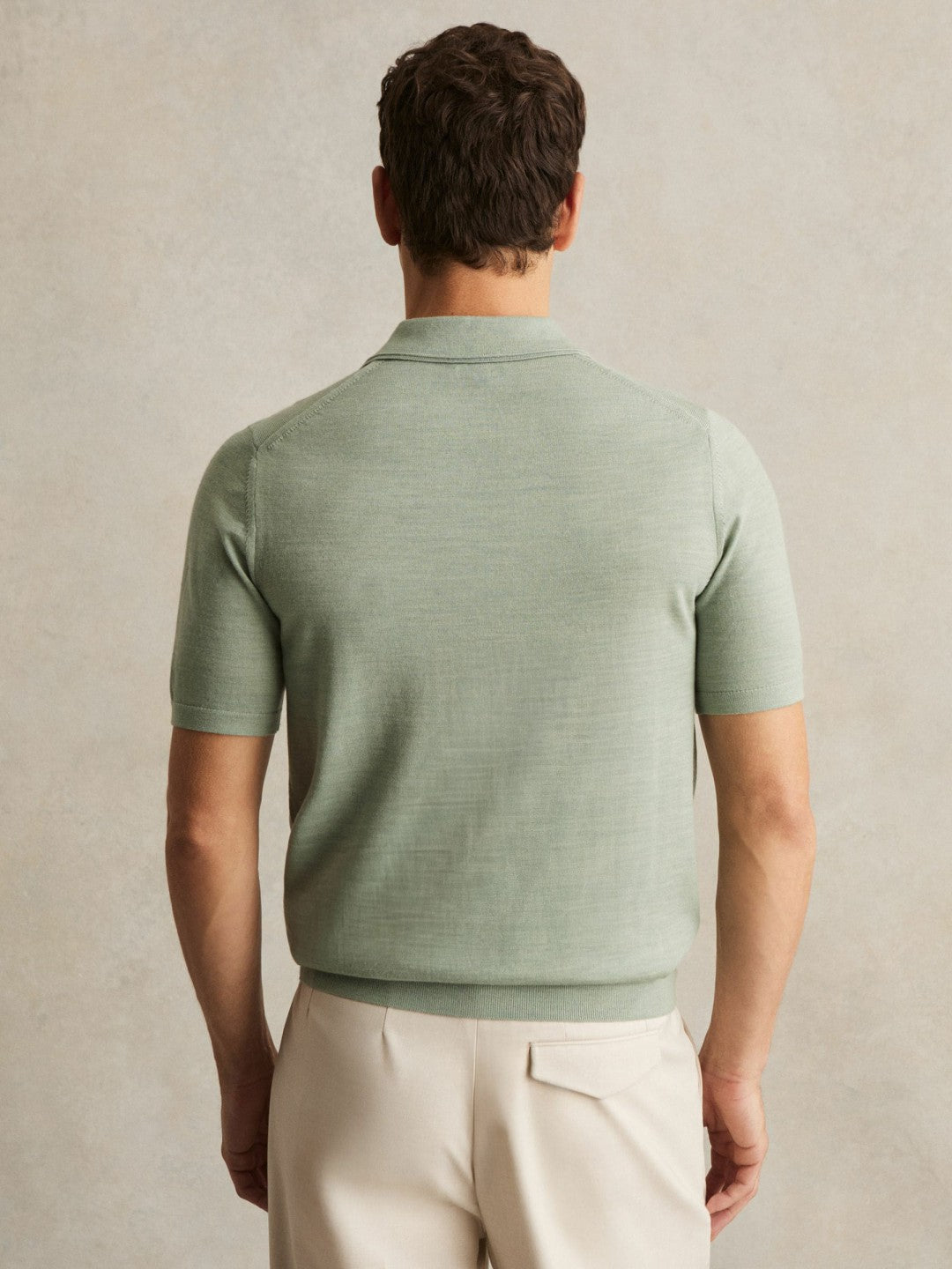 Merino Wool Open Collar Polo Shirt in Sage Green Melange | Reiss Men Trending
