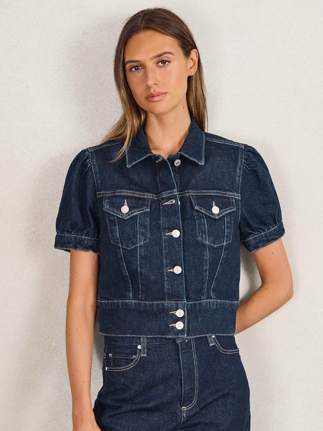 Paige Puff-Sleeve Short Denim Jacket in Emberlynn Blue | Reiss Women Featured