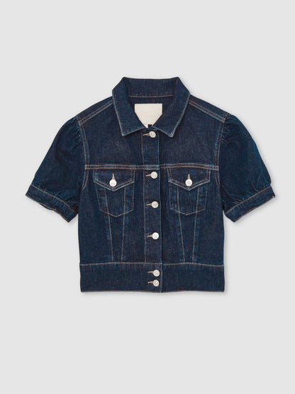Paige Puff-Sleeve Short Denim Jacket in Emberlynn Blue | Reiss Women Featured