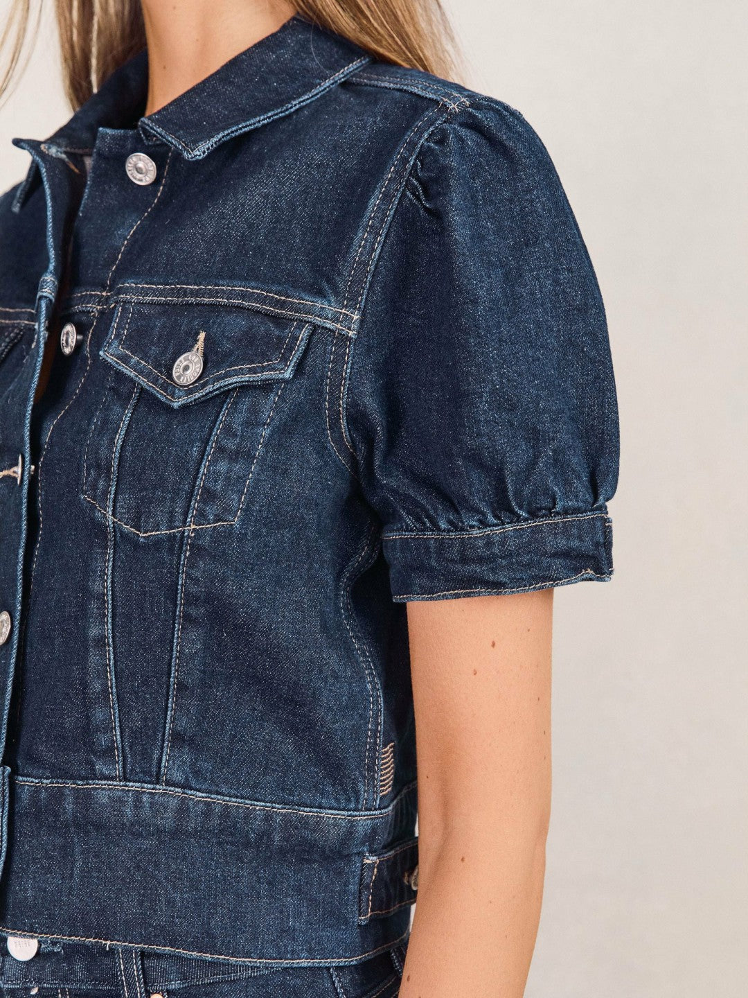 Paige Puff-Sleeve Short Denim Jacket in Emberlynn Blue | Reiss Women Featured