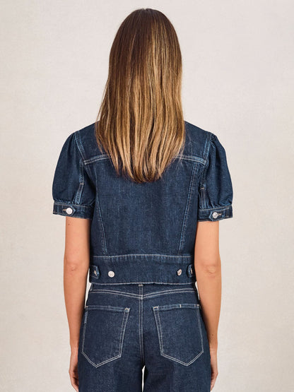Paige Puff-Sleeve Short Denim Jacket in Emberlynn Blue | Reiss Women Featured