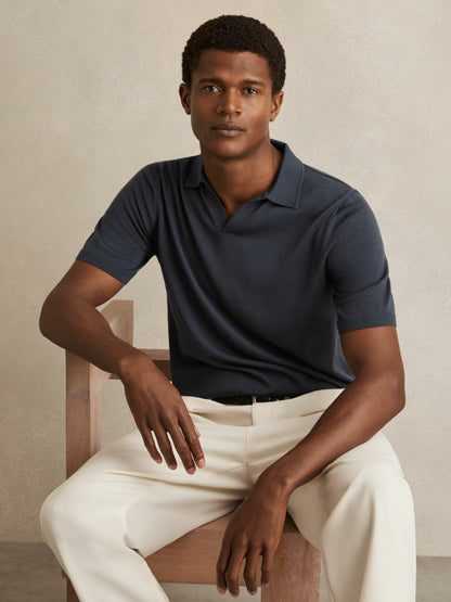 Merino Wool Open Collar Polo Shirt in Midnight Navy | Reiss Men Trending