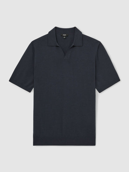 Merino Wool Open Collar Polo Shirt in Midnight Navy | Reiss Men Trending