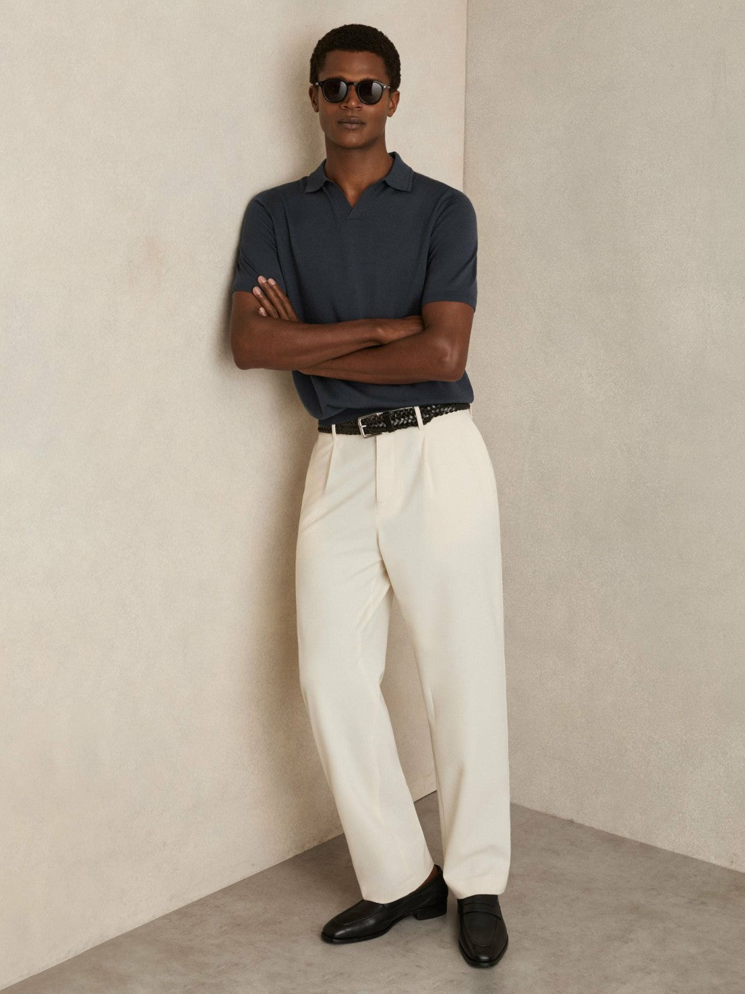 Merino Wool Open Collar Polo Shirt in Midnight Navy | Reiss Men Trending