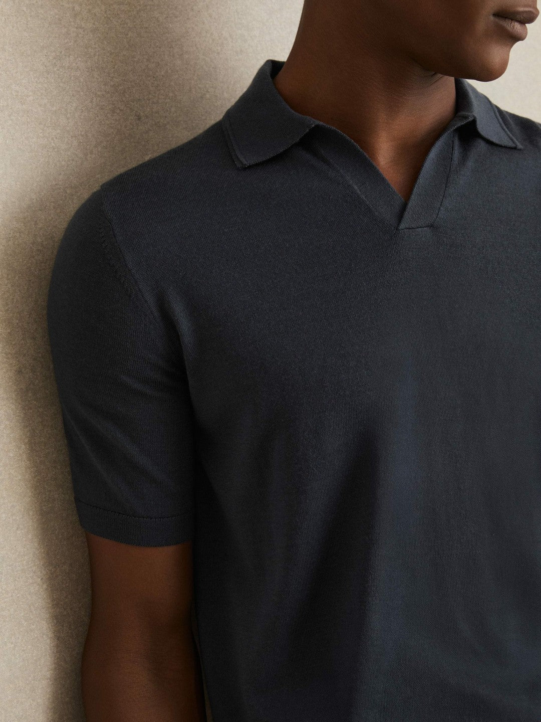 Merino Wool Open Collar Polo Shirt in Midnight Navy | Reiss Men Trending
