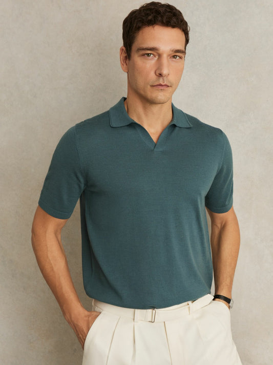 Merino Wool Open Collar Polo Shirt in Orion Blue | Reiss Men Exclusive
