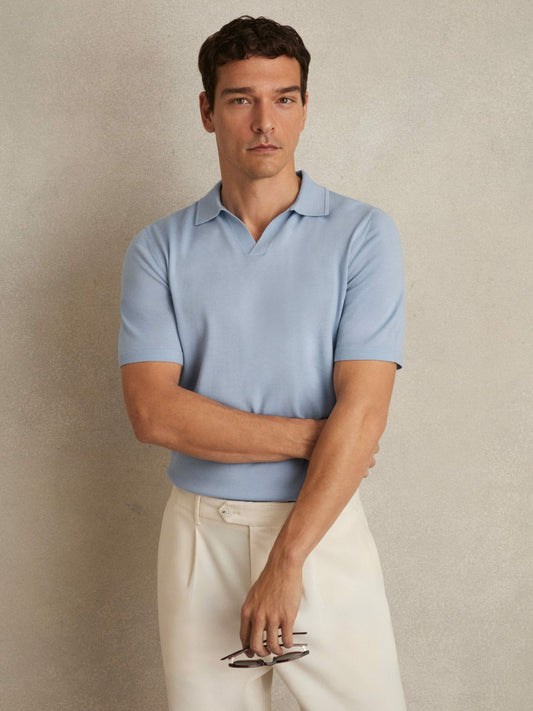 Merino Wool Open Collar Polo Shirt in Soft Blue | Reiss Men Popular