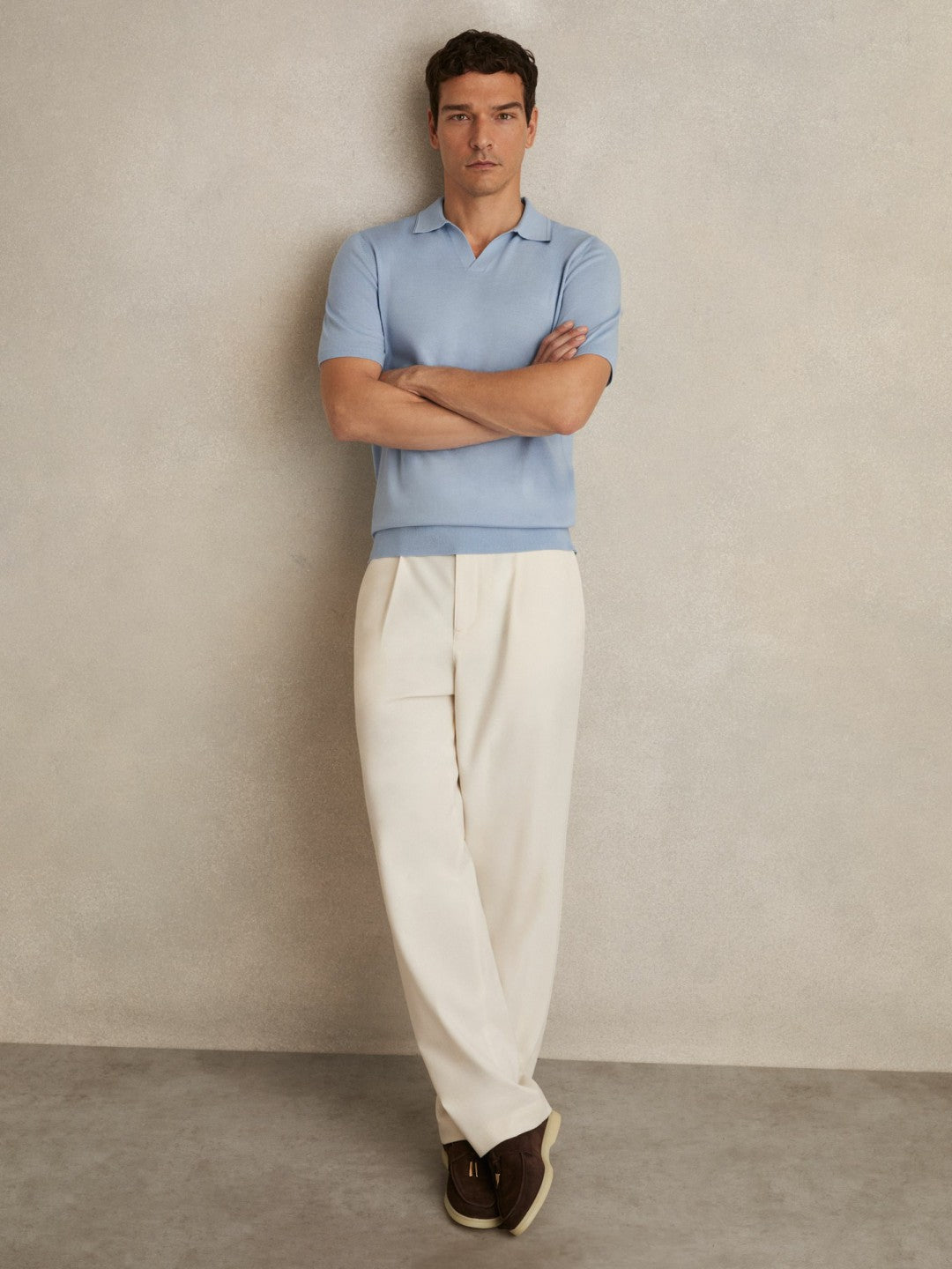 Merino Wool Open Collar Polo Shirt in Soft Blue | Reiss Men Popular