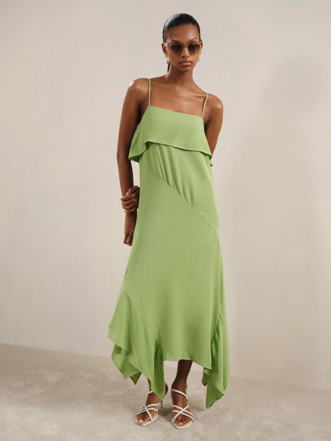 Ruffle-Detail Midi Dress in Green | Reiss Women Recommended