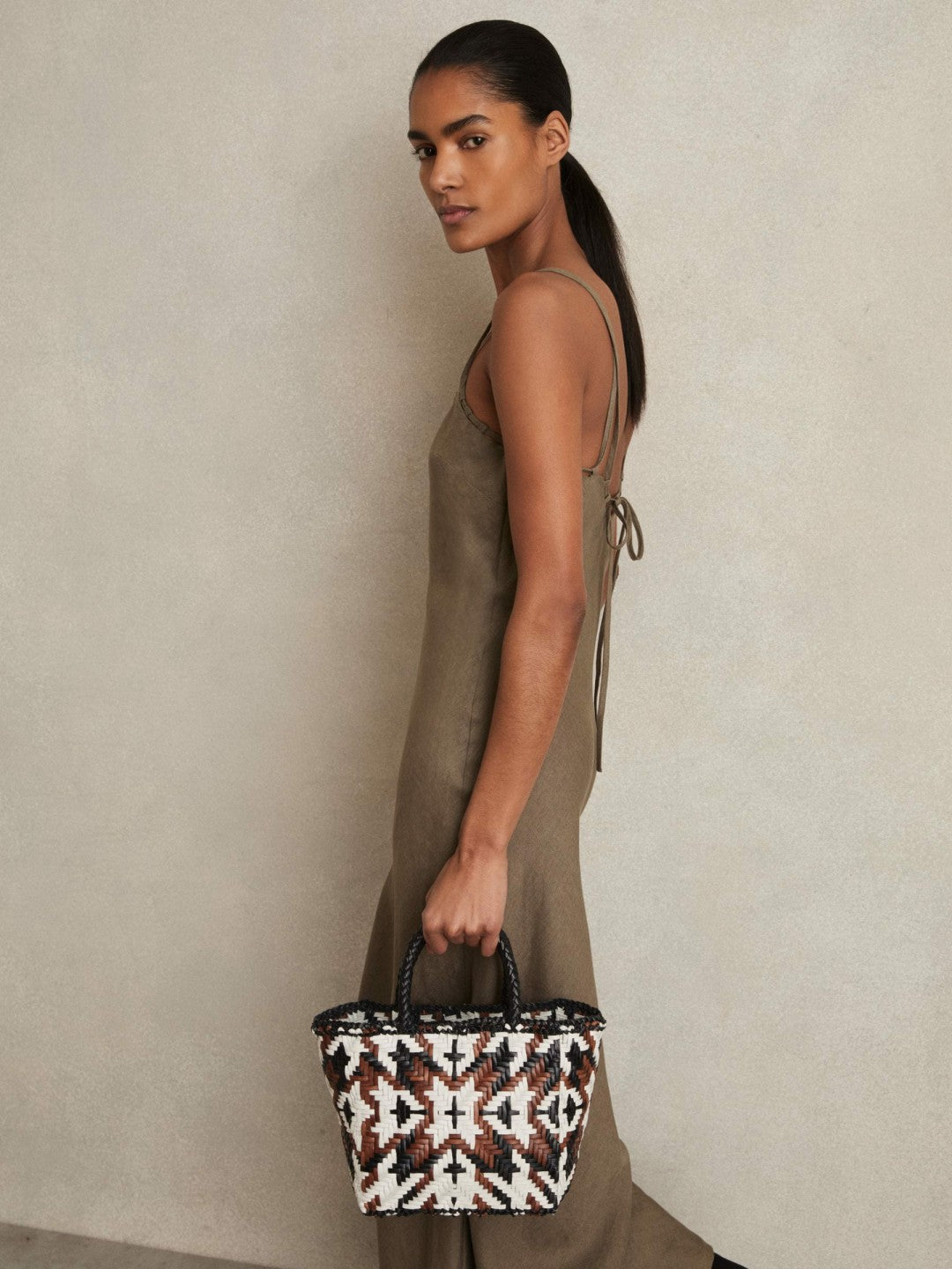 Small Leather Woven Tote Bag in Tan/White/Black | Reiss Women Trending