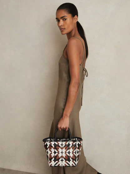 Small Leather Woven Tote Bag in Tan/White/Black | Reiss Women Trending