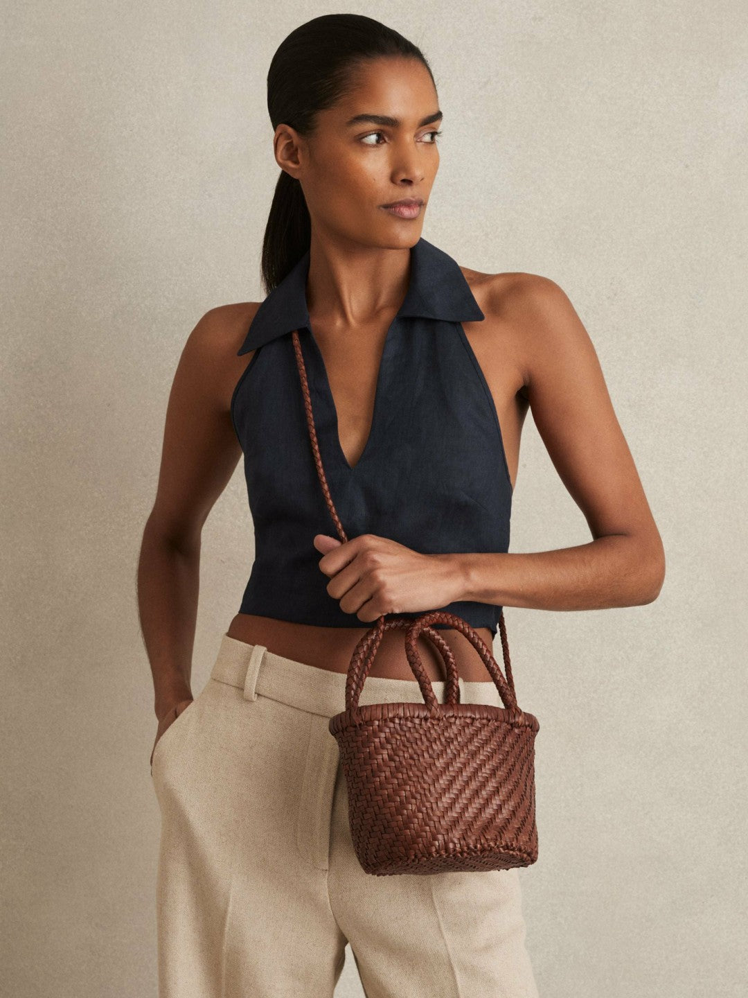 Leather Woven Mini Tote Bag in Tan | Reiss Women Best Seller