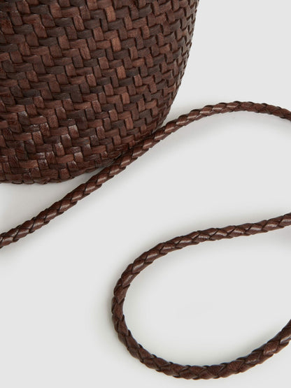 Leather Woven Mini Tote Bag in Chocolate | Reiss Women Signature