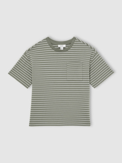 9-13 yrs Cotton-Blend Stripe T-Shirt in Sage/White | Reiss Children & Baby Signature