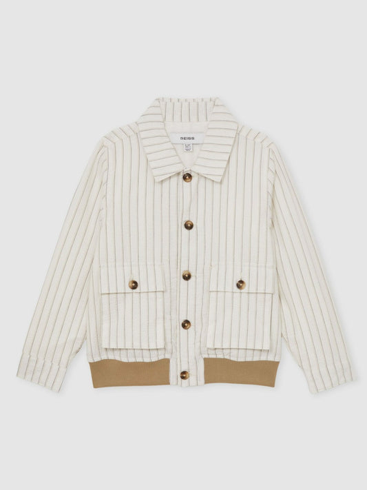 13-14 yrs Cotton Pinstripe Harrington Jacket in Off White/Taupe Brown | Reiss Children & Baby Premium