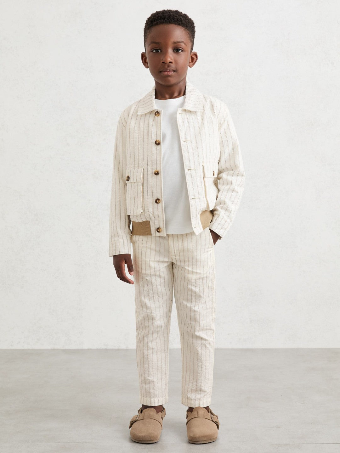 13-14 yrs Cotton Pinstripe Harrington Jacket in Off White/Taupe Brown | Reiss Children & Baby Premium