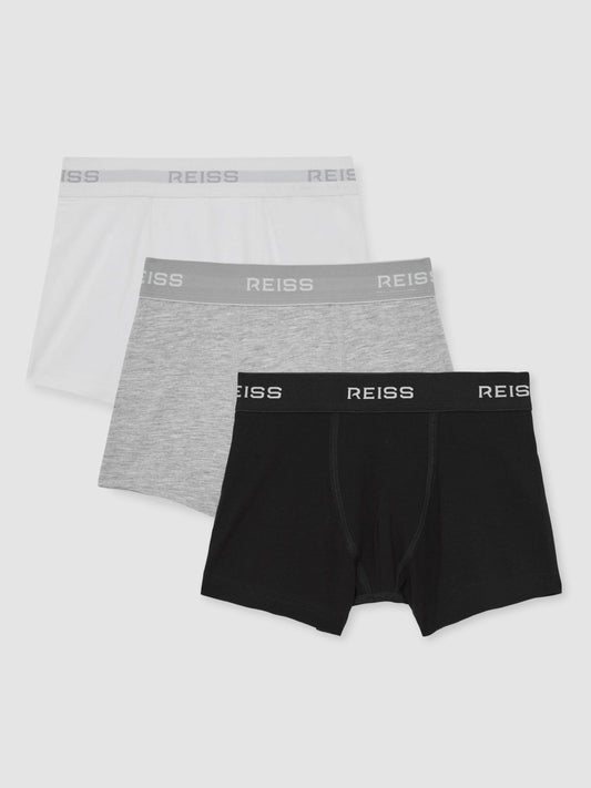 Stretch-Cotton Logo-Waistband Boxer Shorts 3 Pack in White/Grey/Black | Reiss Children & Baby Trending