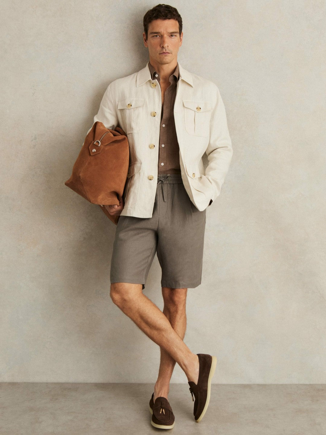 Linen Drawstring Shorts in Mushroom Brown | Reiss Men New
