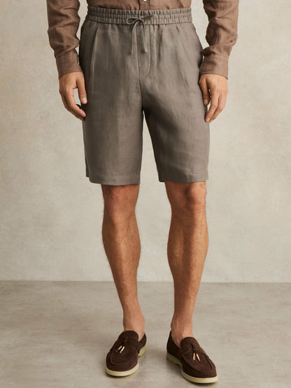 Linen Drawstring Shorts in Mushroom Brown | Reiss Men New