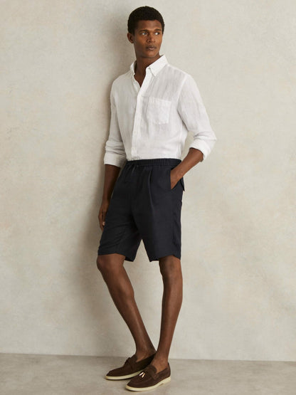 Linen Drawstring Shorts in Navy | Reiss Men Trending