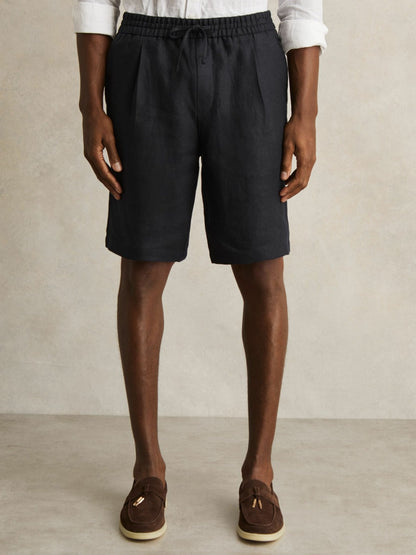 Linen Drawstring Shorts in Navy | Reiss Men Trending