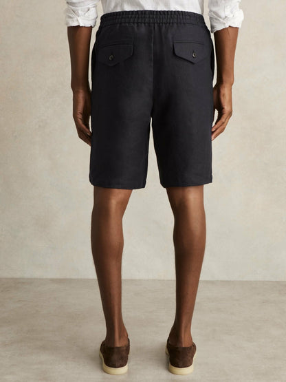 Linen Drawstring Shorts in Navy | Reiss Men Trending