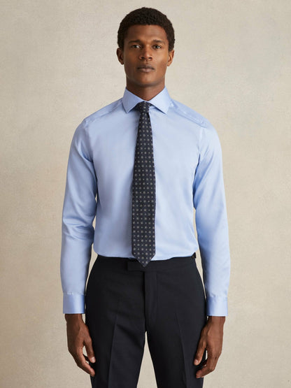 Slim Fit Cotton Sateen Shirt in Mid Blue | Reiss Men Signature