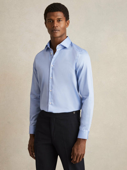 Slim Fit Cotton Sateen Shirt in Mid Blue | Reiss Men Signature