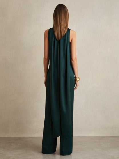 Satin Cape-Sash Jumpsuit in Teal Green | Reiss Women Best Seller