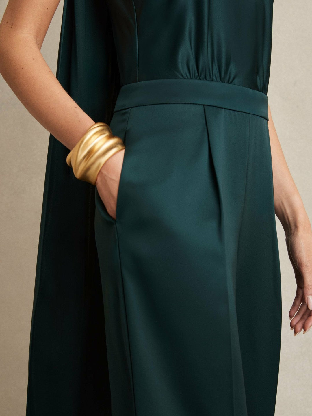 Satin Cape-Sash Jumpsuit in Teal Green | Reiss Women Best Seller