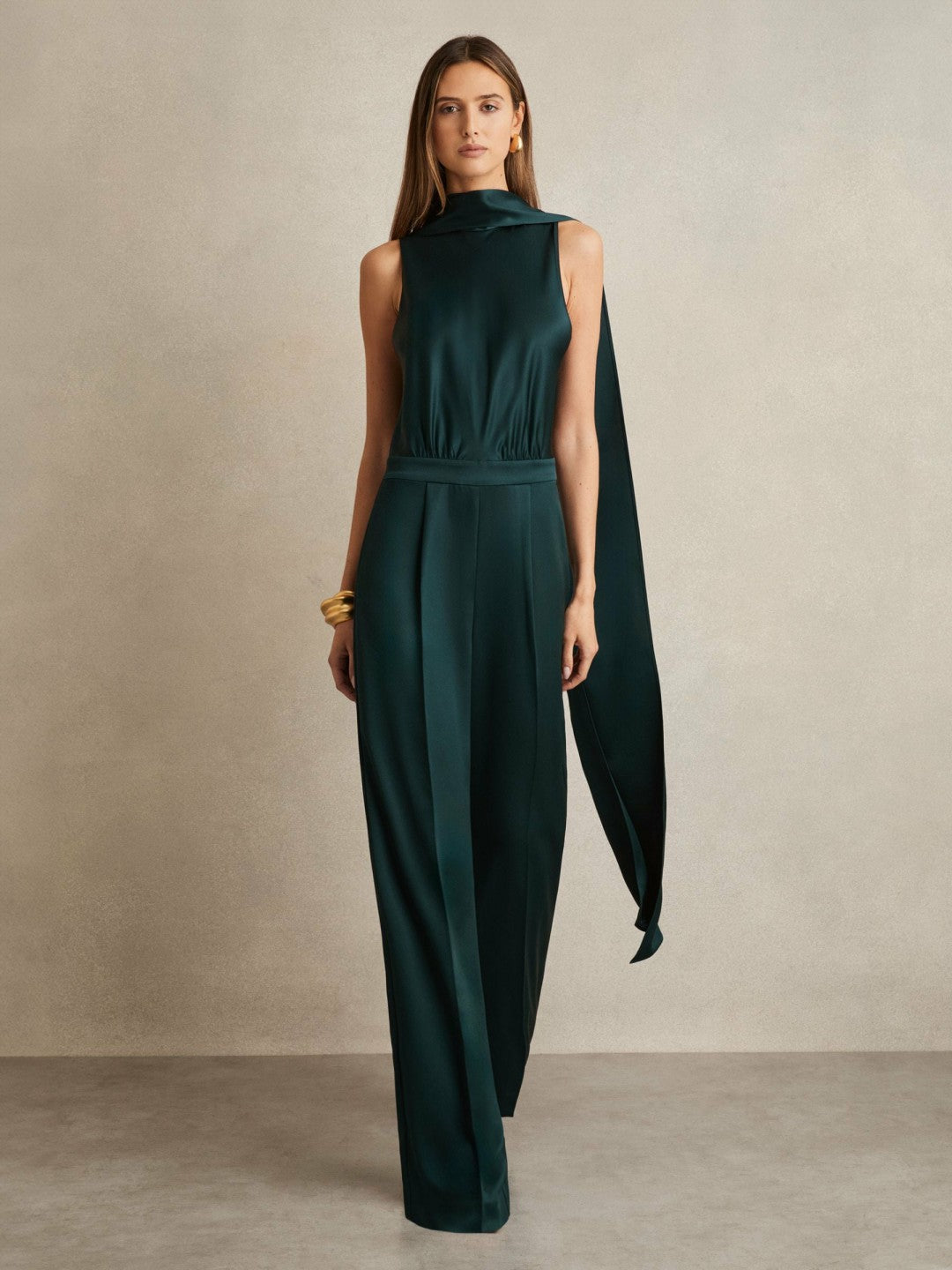 Satin Cape-Sash Jumpsuit in Teal Green | Reiss Women Best Seller