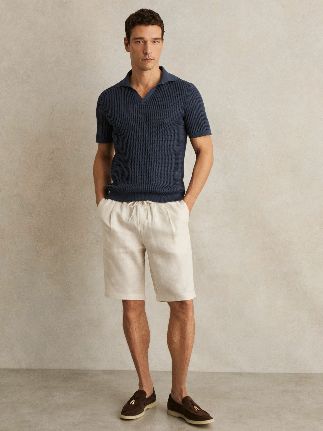 Linen Drawstring Shorts in Stone | Reiss Men Premium