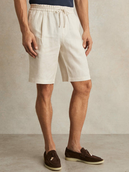 Linen Drawstring Shorts in Stone | Reiss Men Premium
