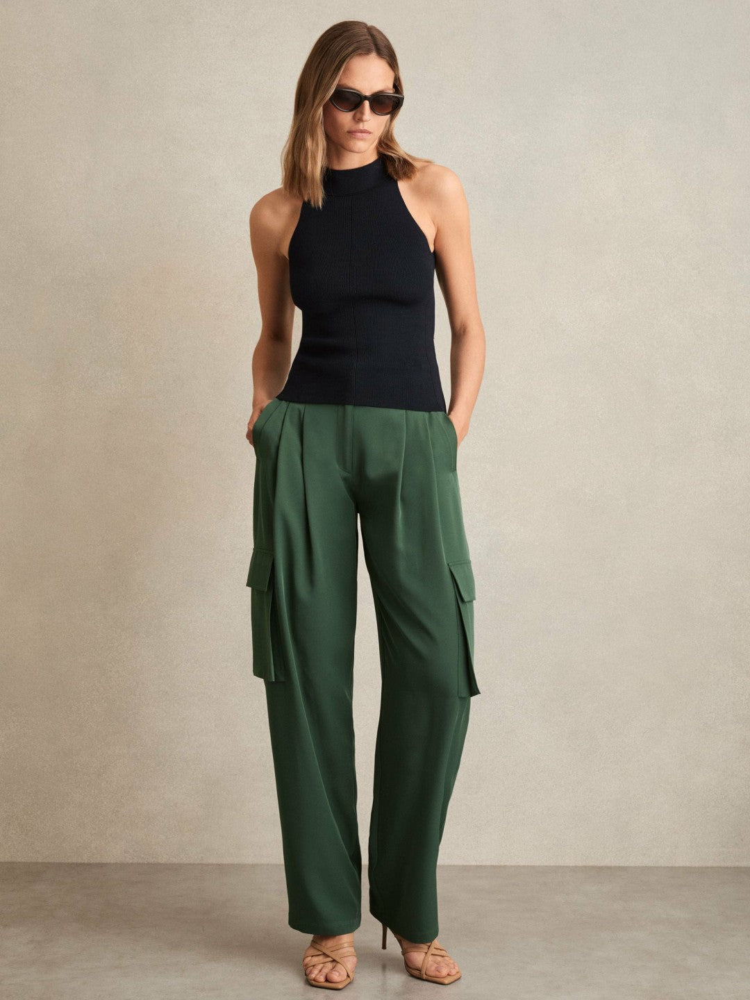 Petite Wide-Leg Pleated Cargo Trousers in Green | Reiss Women Featured
