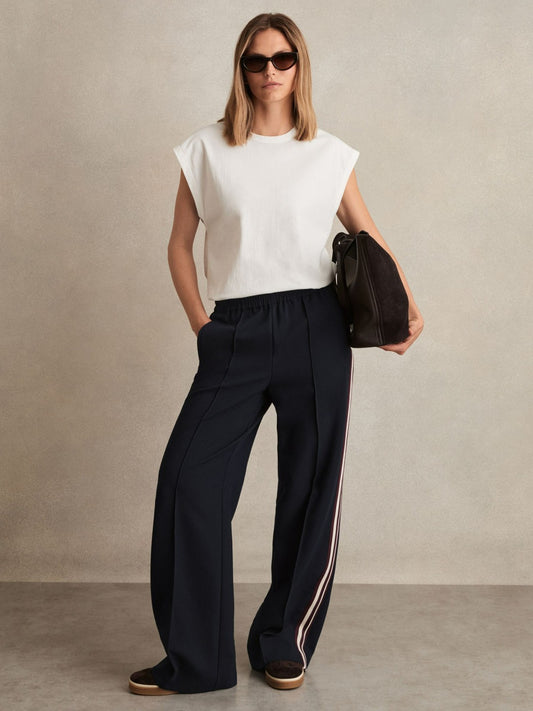 Petite Side-Stripe Wide-Leg Trousers in Navy | Reiss Women Trending