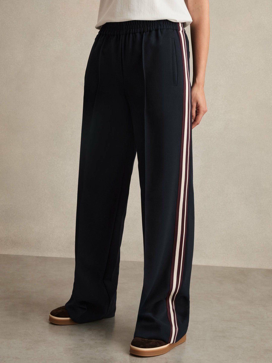 Petite Side-Stripe Wide-Leg Trousers in Navy | Reiss Women Trending