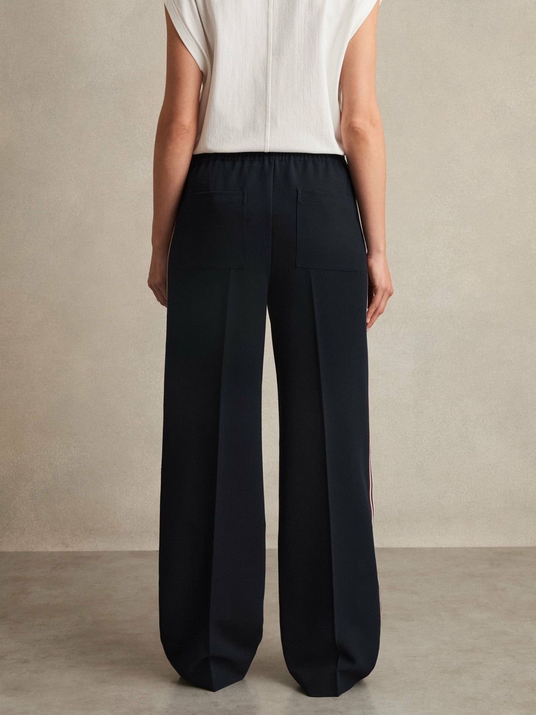 Petite Side-Stripe Wide-Leg Trousers in Navy | Reiss Women Trending