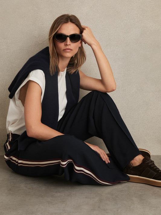 Side-Stripe Wide-Leg Trousers in Navy | Reiss Women Best Seller