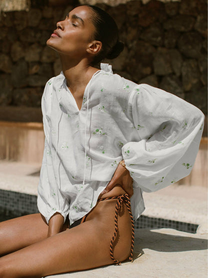 Floral-Embroidered Tie-Neck Blouse Ramie-Lyocell in Ivory | Reiss Women Featured