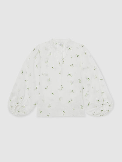 Floral-Embroidered Tie-Neck Blouse Ramie-Lyocell in Ivory | Reiss Women Featured